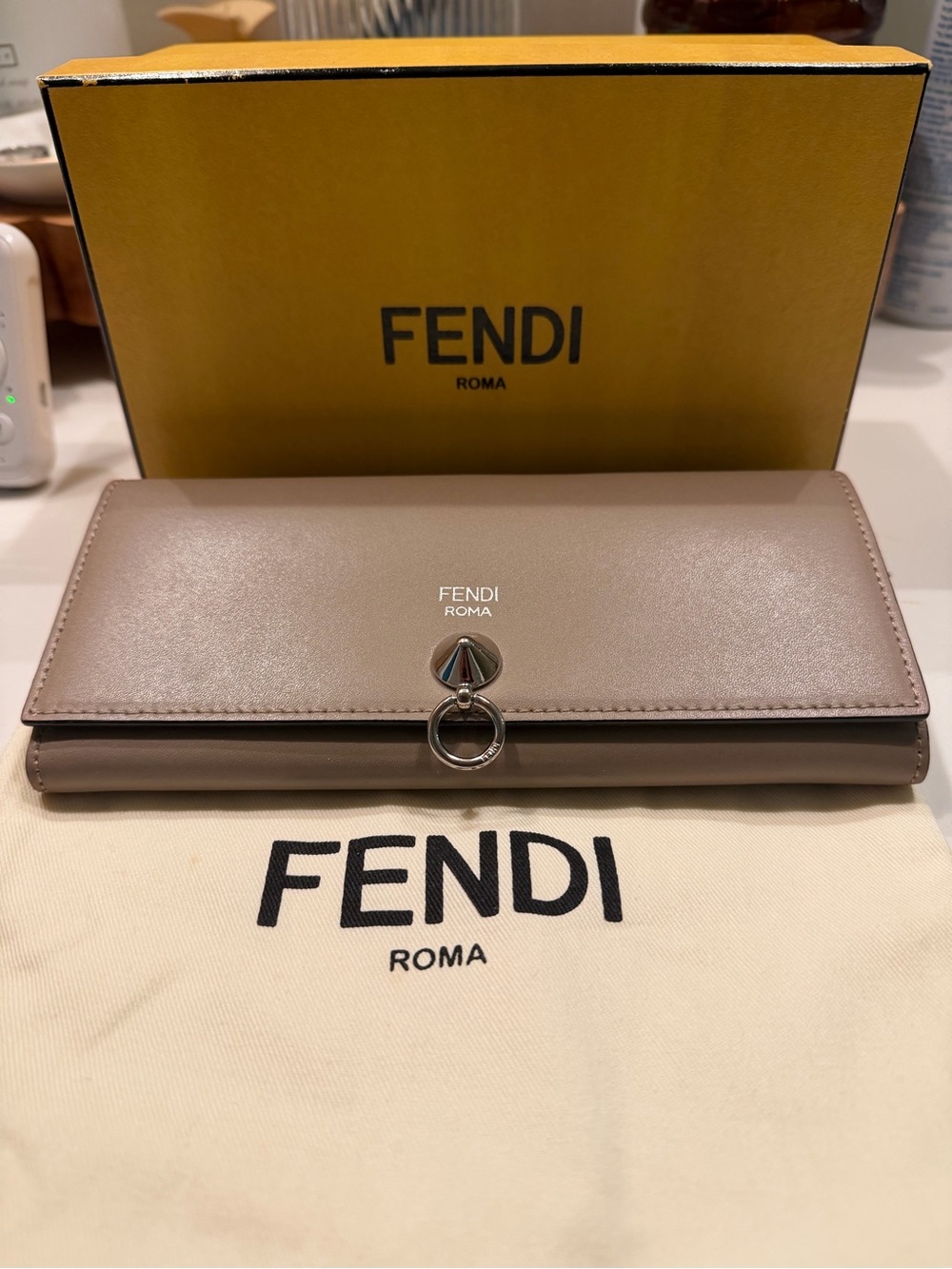 Fendi Taupe Leather Continental Wallet with Ring Clasp